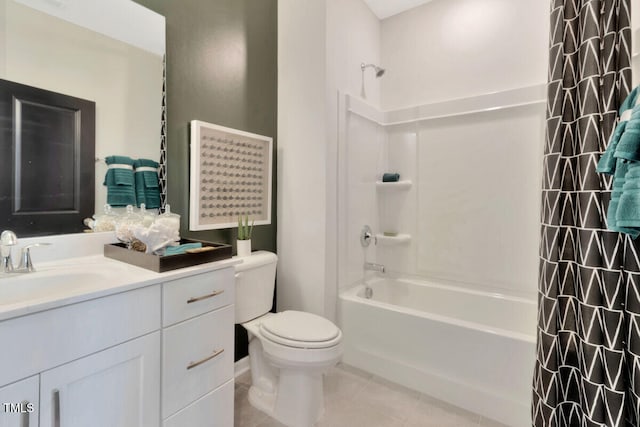 full bathroom featuring toilet, tile patterned flooring, shower / bath combo with shower curtain, and vanity