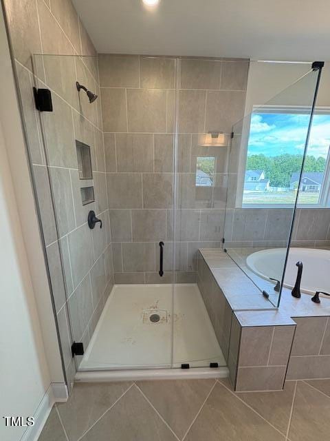 190 Sage Ln Unit 015, Four Oaks, NC 27524 - bathroom featuring tile patterned flooring, a stall shower, a garden tub, and recessed lighting