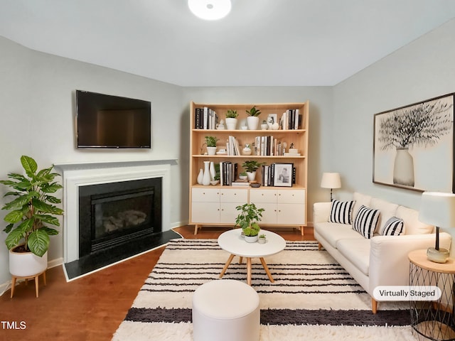 living area featuring a fireplace and wood finished floors