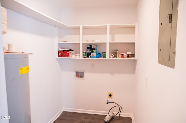 laundry area with hookup for a washing machine, laundry area, water heater, electric panel, and electric dryer hookup