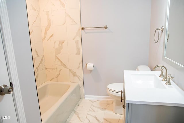 bathroom featuring baseboards, toilet, marble finish floor, bathtub / shower combination, and vanity