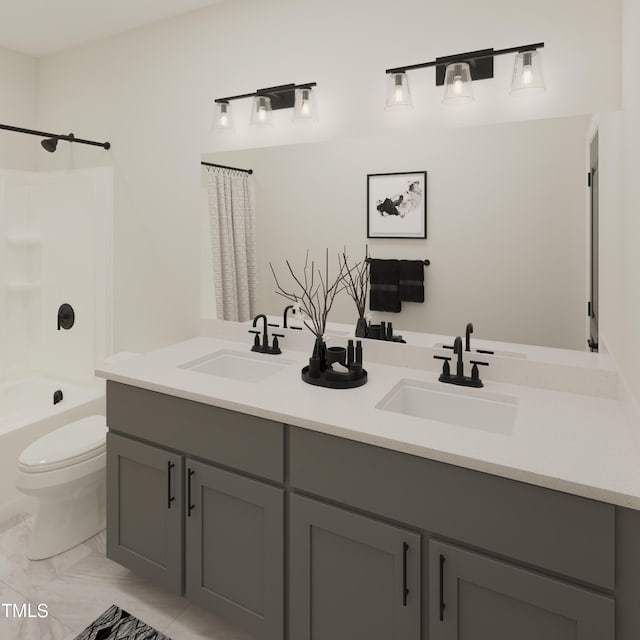 167 S Harvest Ridge Way Unit 223, Wilsons Mills, NC 27520 - bathroom featuring toilet, double vanity, washtub / shower combination, and marble finish floors