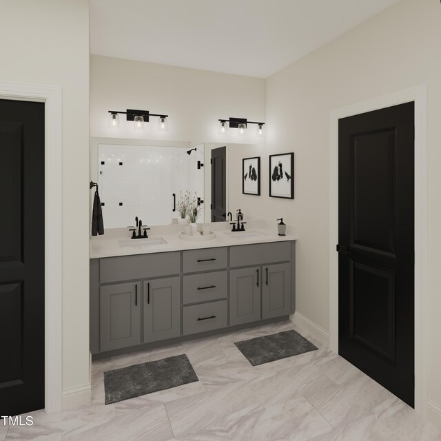167 S Harvest Ridge Way Unit 223, Wilsons Mills, NC 27520 - bathroom with double vanity, a shower, and baseboards