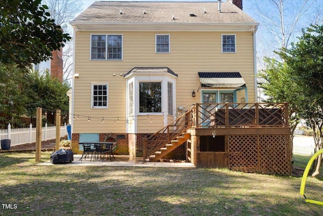 rear view of house featuring an outdoor fire pit, a chimney, stairs, fence, and a patio area