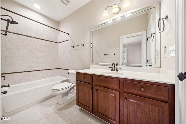 bathroom with visible vents, toilet, tile patterned flooring, vanity, and shower / washtub combination