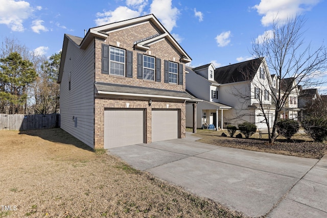 view of front of house featuring concrete driveway, brick siding, fence, and an attached garage