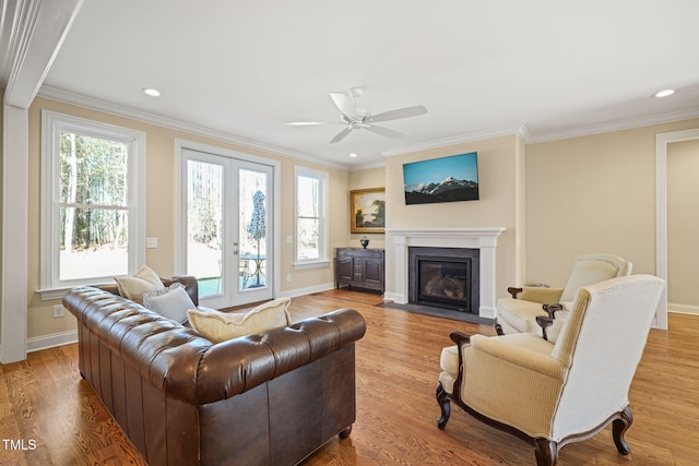 56 Mist Wood Ct, Pittsboro, NC 27312 - living area featuring wood finished floors, a fireplace with flush hearth, crown molding, and ceiling fan
