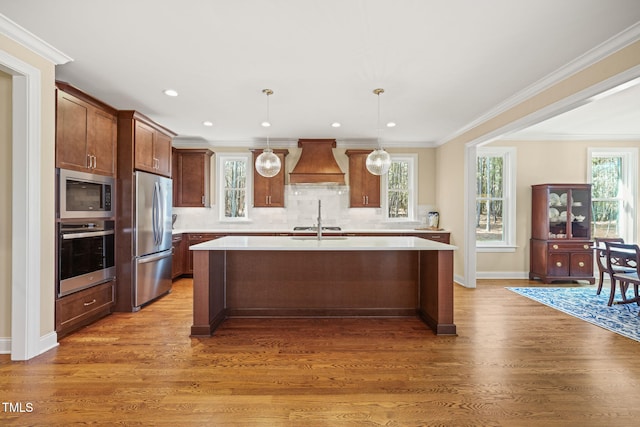 56 Mist Wood Ct, Pittsboro, NC 27312 - kitchen with stainless steel appliances, light countertops, backsplash, and custom range hood