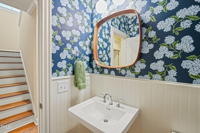 56 Mist Wood Ct, Pittsboro, NC 27312 - bathroom featuring wallpapered walls, a sink, a wainscoted wall, and wood finished floors