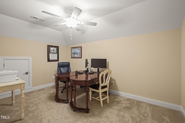 56 Mist Wood Ct, Pittsboro, NC 27312 - home office with visible vents, ceiling fan, carpet floors, and lofted ceiling