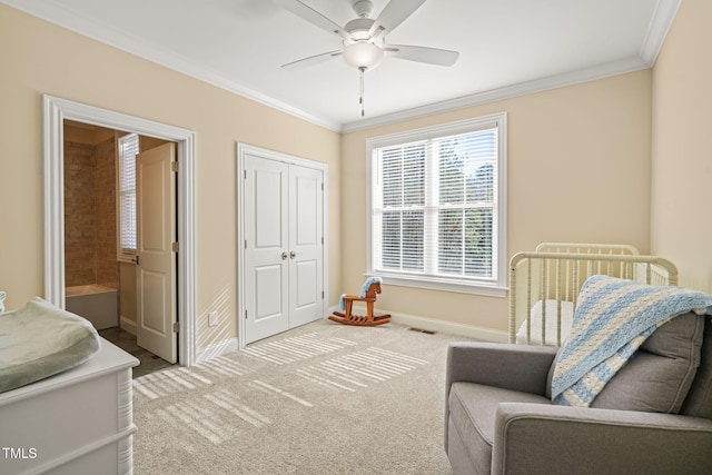 56 Mist Wood Ct, Pittsboro, NC 27312 - sitting room featuring visible vents, baseboards, ornamental molding, a ceiling fan, and carpet flooring