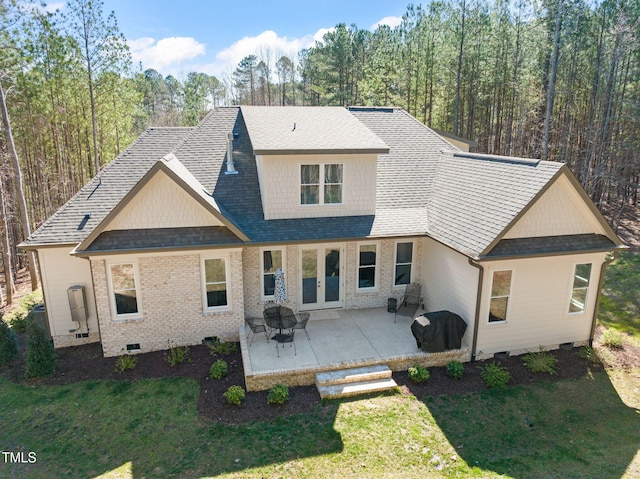 56 Mist Wood Ct, Pittsboro, NC 27312 - back of house with crawl space, a patio, a shingled roof, and a lawn