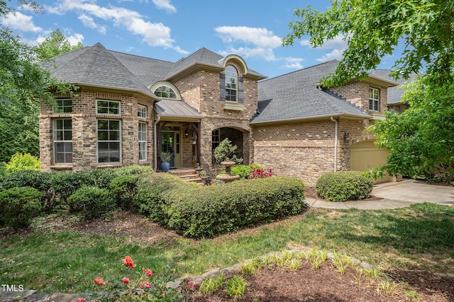 view of front of house with stone siding, brick siding, roof with shingles, and driveway