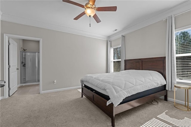 bedroom featuring crown molding, light colored carpet, visible vents, ceiling fan, and baseboards