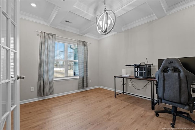 office area with coffered ceiling, wood finished floors, visible vents, baseboards, and an inviting chandelier