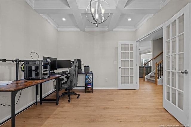 office featuring light wood finished floors, coffered ceiling, an inviting chandelier, and french doors