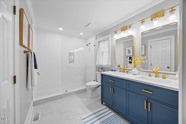 full bath with ornamental molding, visible vents, a sink, and toilet