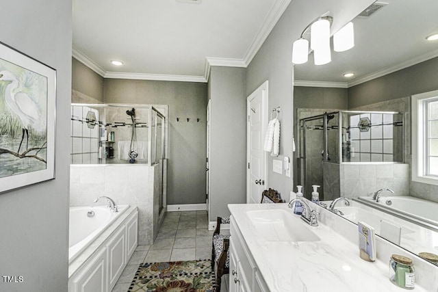 bathroom with a garden tub, vanity, ornamental molding, visible vents, and a stall shower