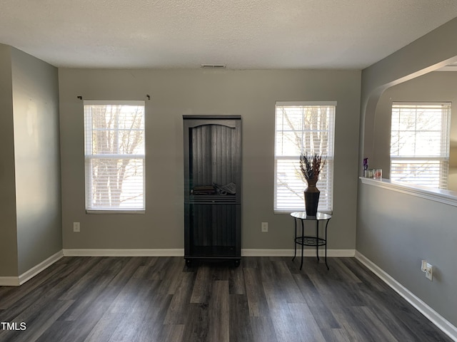 entryway featuring a healthy amount of sunlight, a textured ceiling, visible vents, and dark wood-style flooring