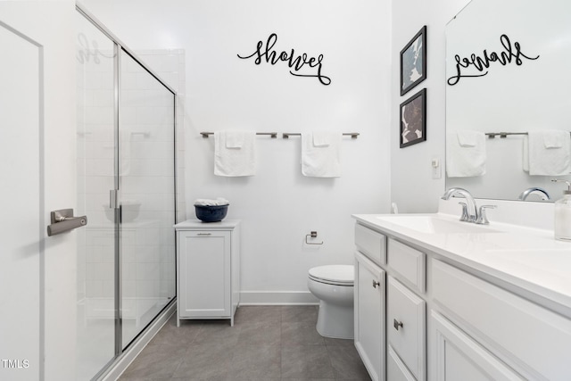 full bath featuring tile patterned floors, toilet, a stall shower, and vanity