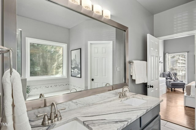 full bathroom featuring double vanity, wood finished floors, and a sink