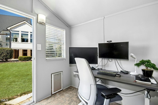 office area with lofted ceiling