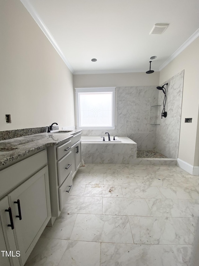 1663 Keith Hills Rd, Lillington, NC 27546 - bathroom featuring a bath, crown molding, vanity, marble finish floor, and tiled shower
