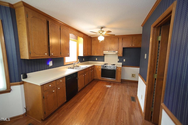 kitchen featuring light wood-style flooring, under cabinet range hood, a sink, dishwasher, and white electric range oven