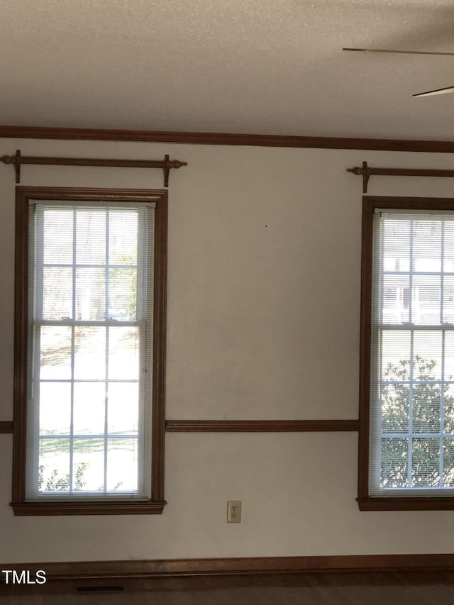 spare room with a healthy amount of sunlight, crown molding, and visible vents