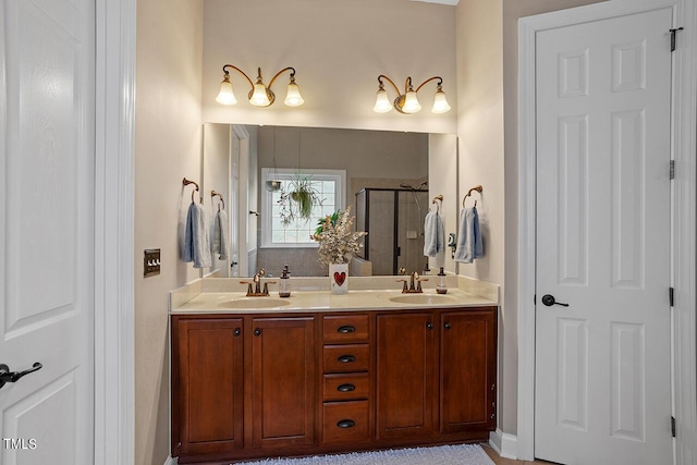 bathroom featuring double vanity, a stall shower, and a sink