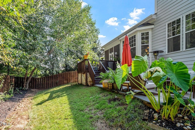 view of yard with fence and a wooden deck