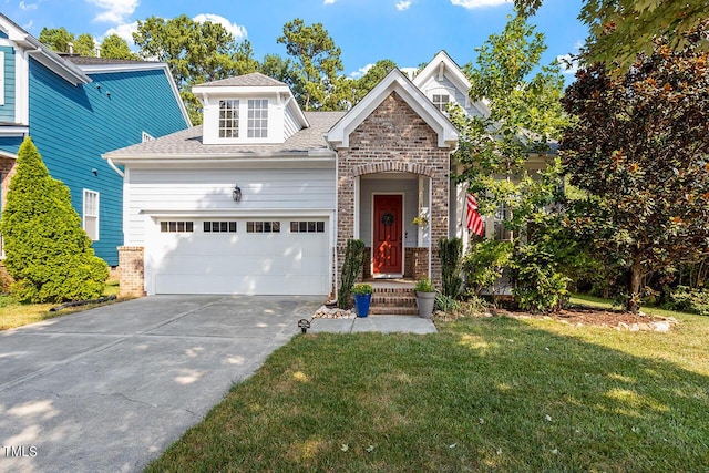 view of front of house featuring an attached garage, brick siding, concrete driveway, roof with shingles, and a front lawn