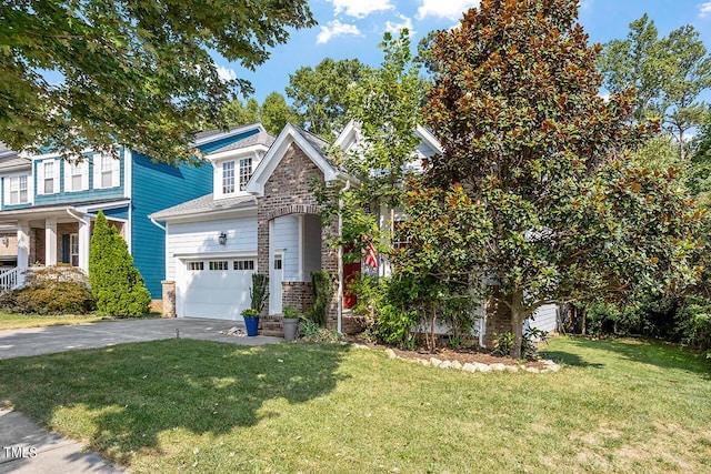 view of front of property with driveway, an attached garage, a front lawn, and brick siding