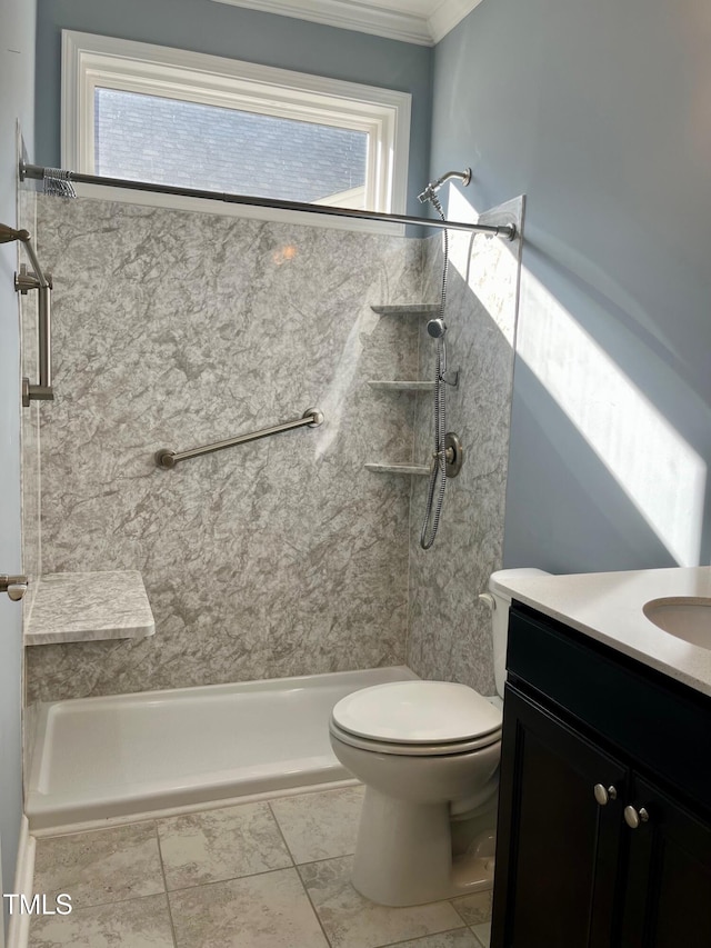 bathroom with a shower, a wealth of natural light, and toilet