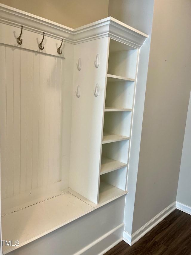 mudroom with baseboards and dark wood-style flooring