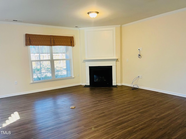 unfurnished living room with a fireplace with flush hearth, dark wood-style flooring, and crown molding