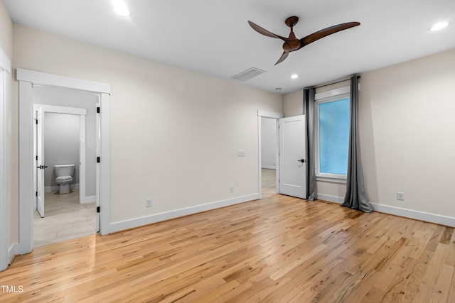 unfurnished bedroom featuring recessed lighting, visible vents, light wood-style flooring, and baseboards