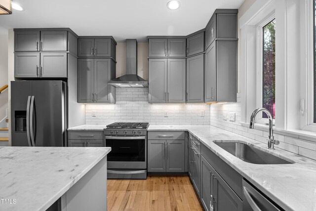 kitchen featuring light stone counters, stainless steel appliances, gray cabinetry, wall chimney range hood, and a sink