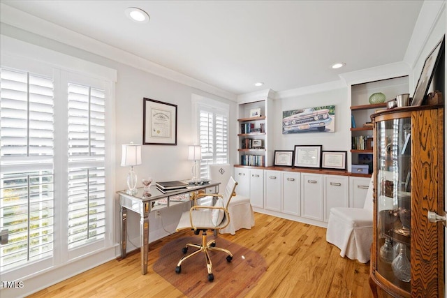 office with light wood finished floors, ornamental molding, and a wealth of natural light