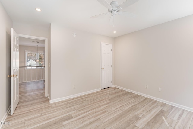 unfurnished bedroom with recessed lighting, baseboards, ceiling fan, and light wood finished floors