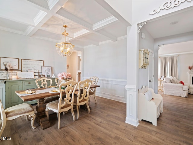 dining space featuring beam ceiling, a chandelier, coffered ceiling, and wood finished floors