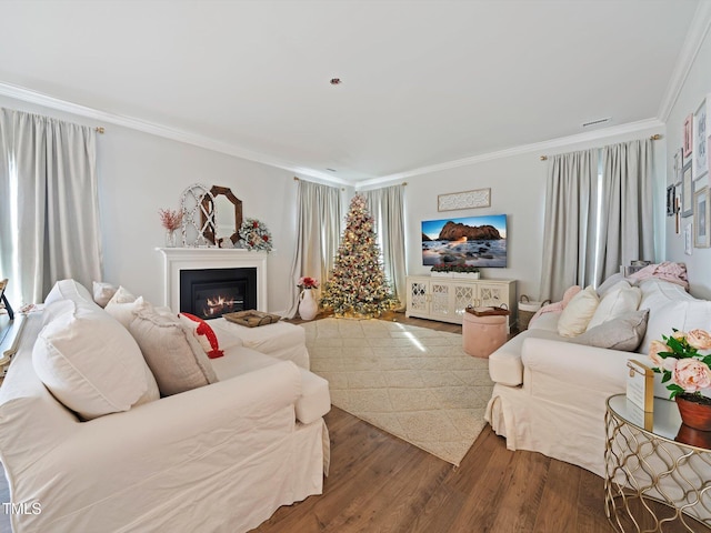 living area featuring ornamental molding, wood finished floors, and a glass covered fireplace