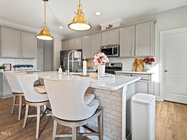 kitchen with light wood finished floors, an island with sink, stainless steel appliances, gray cabinetry, and a sink