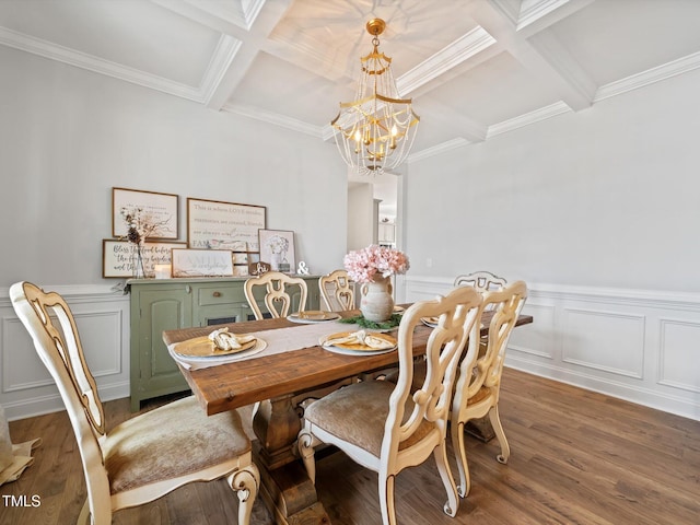 dining room with beam ceiling, coffered ceiling, and wood finished floors