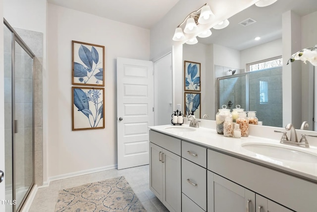 full bathroom featuring visible vents, a sink, a shower stall, and double vanity