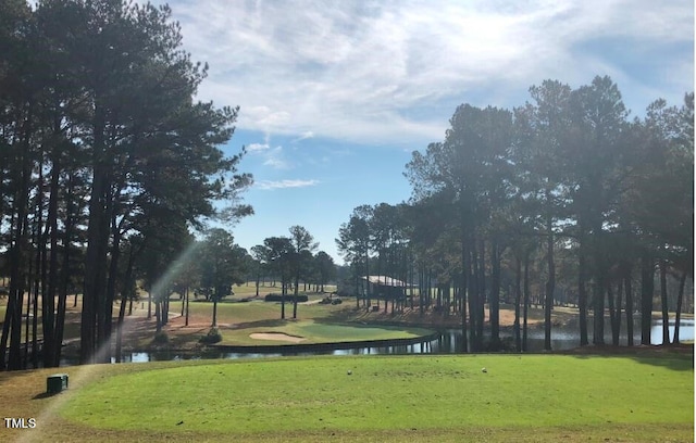 view of home's community with a lawn and a water view