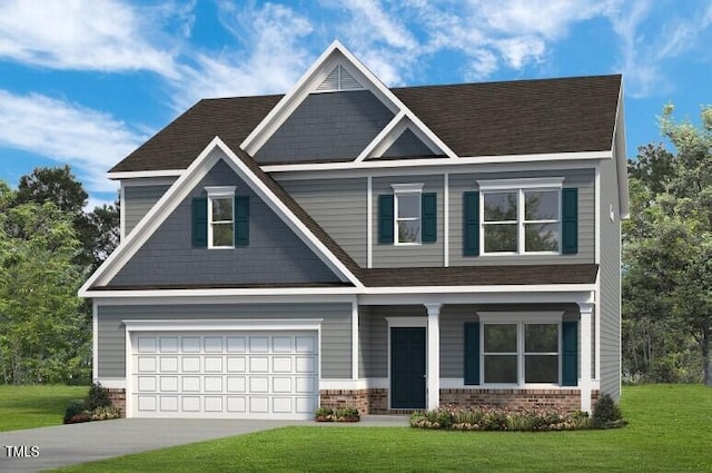craftsman-style home with a garage, brick siding, a front lawn, driveway, and a shingled roof