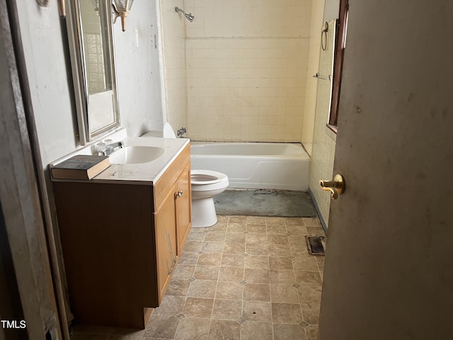 full bathroom with toilet, visible vents,  shower combination, and vanity