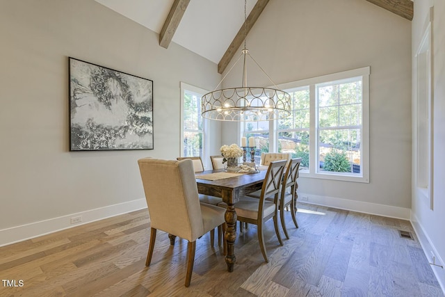 25 Blackhorn Ct, Pittsboro, NC 27312 - dining area featuring high vaulted ceiling, beam ceiling, plenty of natural light, and wood finished floors