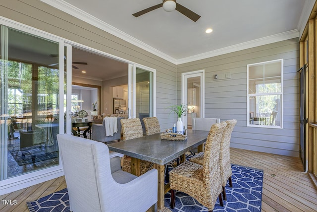 25 Blackhorn Ct, Pittsboro, NC 27312 - exterior space featuring hardwood / wood-style floors, ceiling fan, crown molding, and wood walls